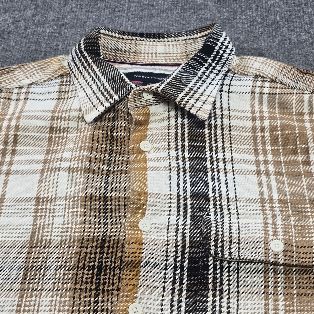 Tommy Hilfiger Shirt Men Large Tan Plaid Flannel Tweed Heavyweight Outdoor Large